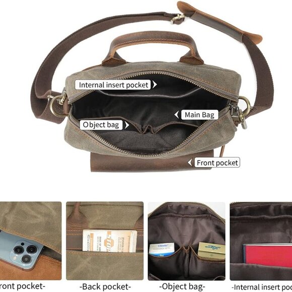 Vintage Waxed Canvas Messenger Bag for Men & Women, Lightweight Crossbody Sling - Picture 5 of 7
